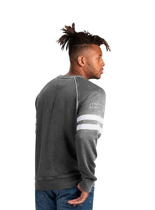 Starter French Terry Tackle Milwaukee Bucks Crewneck Sweatshirt in Grey - Angled Back Right Side View
