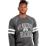 Starter French Terry Tackle Milwaukee Bucks Crewneck Sweatshirt in Grey - Front View