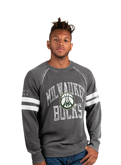 Starter French Terry Tackle Milwaukee Bucks Crewneck Sweatshirt in Grey - Front View