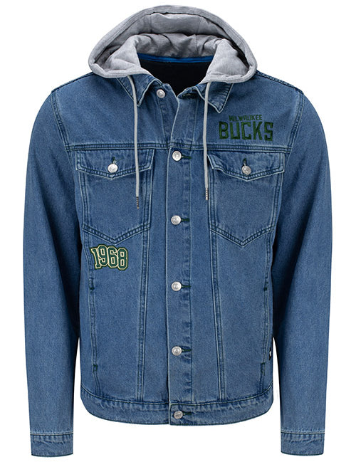 The Wild Collective Denim Graffiti Milwaukee Bucks Hooded Jacket In Blue - Front View