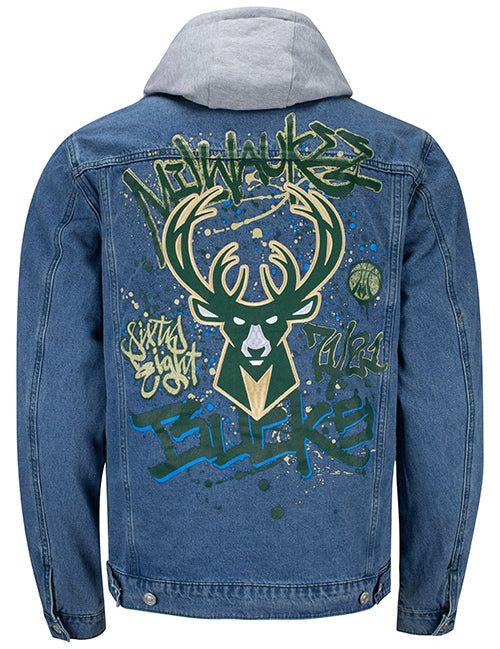 The Wild Collective Denim Graffiti Milwaukee Bucks Hooded Jacket In Blue & Green - Back View