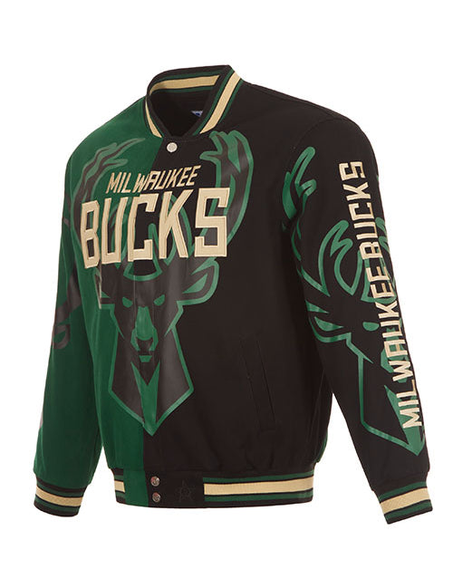 JH Design Split Bucks Varsity Jacket in Black - Front View