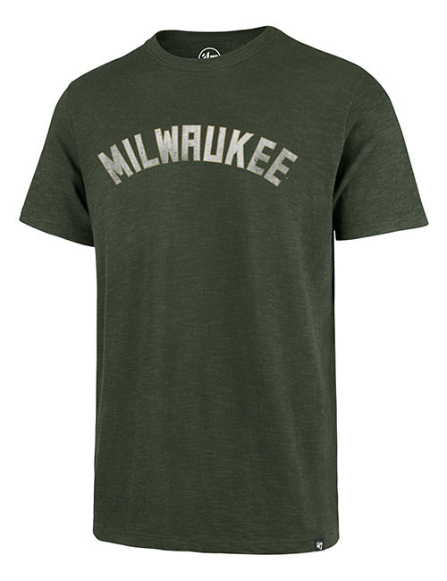 '47 Brand Scrum Grit Wordmark Milwaukee Bucks T-Shirt In Green - Front View