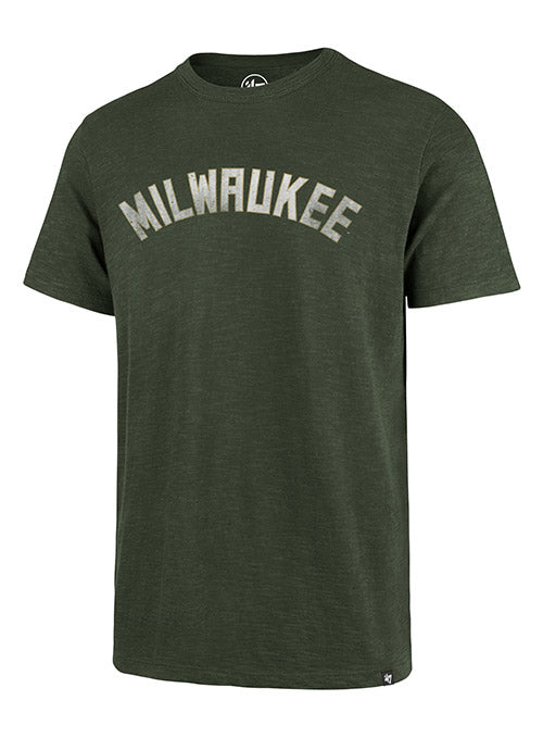 '47 Brand Scrum Grit Wordmark Milwaukee Bucks T-Shirt In Green - Front View