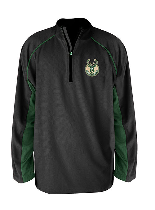 Big & Tall Fanatics Full Logo Black Milwaukee Bucks 1/4 Zip Pullover in Black and Green - Front View