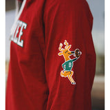 Mitchell & Ness HWC '68 Legendary Slub Red Milwaukee Bucks Long Sleeve Hooded T-Shirt in Red - Lifestyle Left Arm Logo View