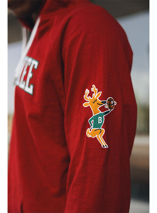 Mitchell & Ness HWC '68 Legendary Slub Red Milwaukee Bucks Long Sleeve Hooded T-Shirt in Red - Lifestyle Left Arm Logo View