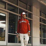 Mitchell & Ness HWC '68 Legendary Slub Red Milwaukee Bucks Long Sleeve Hooded T-Shirt in Red - Lifestyle Front View