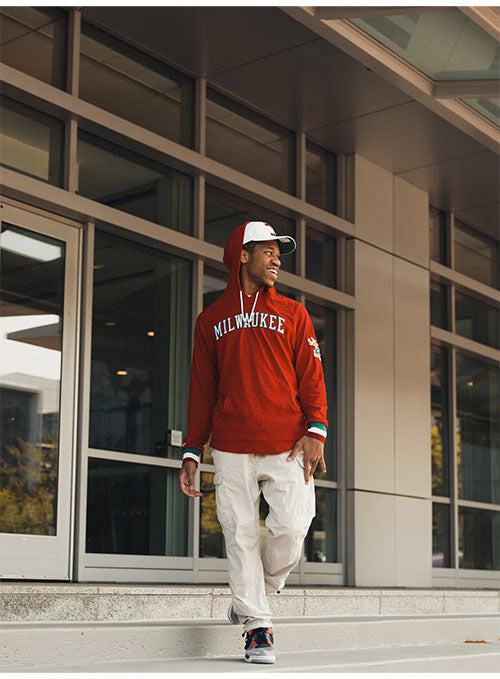 Mitchell & Ness HWC '68 Legendary Slub Red Milwaukee Bucks Long Sleeve Hooded T-Shirt in Red - Lifestyle Front View