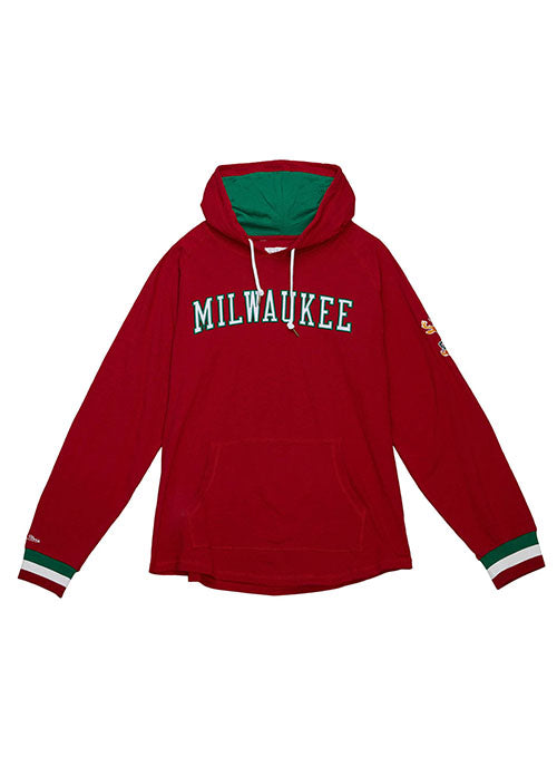 Mitchell & Ness HWC '68 Legendary Slub Red Milwaukee Bucks Long Sleeve Hooded T-Shirt in Red - Front View