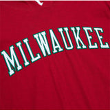 Mitchell & Ness HWC '68 Legendary Slub Red Milwaukee Bucks Long Sleeve Hooded T-Shirt in Red - Zoomed Front Logo View