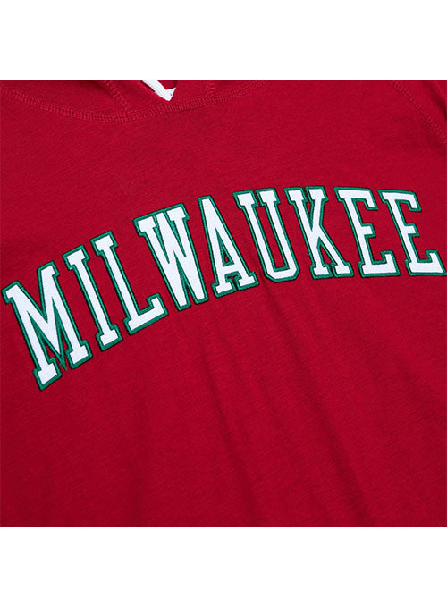 Mitchell & Ness HWC '68 Legendary Slub Red Milwaukee Bucks Long Sleeve Hooded T-Shirt in Red - Zoomed Front Logo View