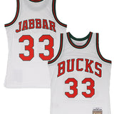 Mitchell & Ness Kareem Abdul-Jabbar Milwaukee Bucks White Hardwood Classic Swingman Jersey-collage