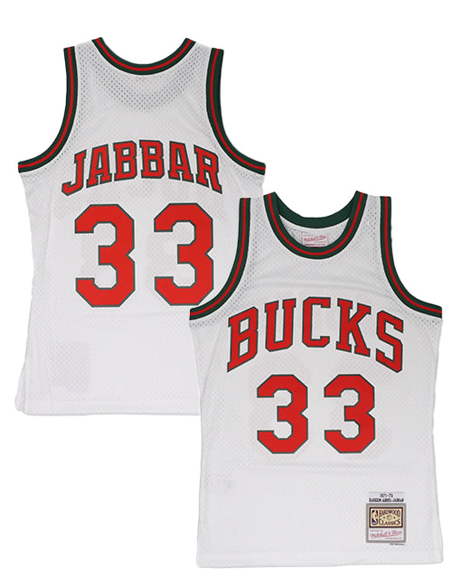 Mitchell & Ness Kareem Abdul-Jabbar Milwaukee Bucks White Hardwood Classic Swingman Jersey-collage