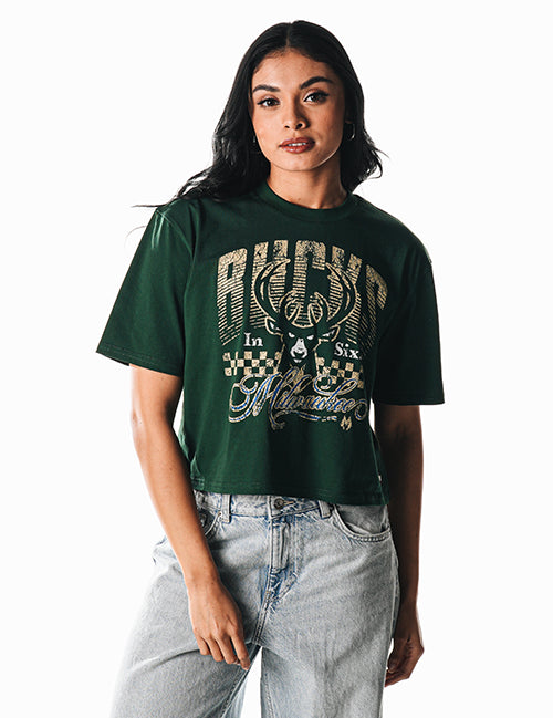 Women's Bucks In Six x The Wild Collective Checker Milwaukee Bucks Crop T-Shirt