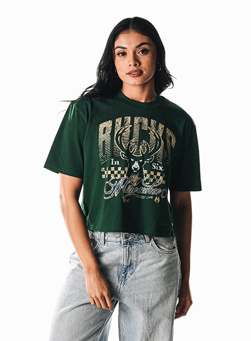 Women's Bucks In Six x The Wild Collective Checker Milwaukee Bucks Crop T-Shirt