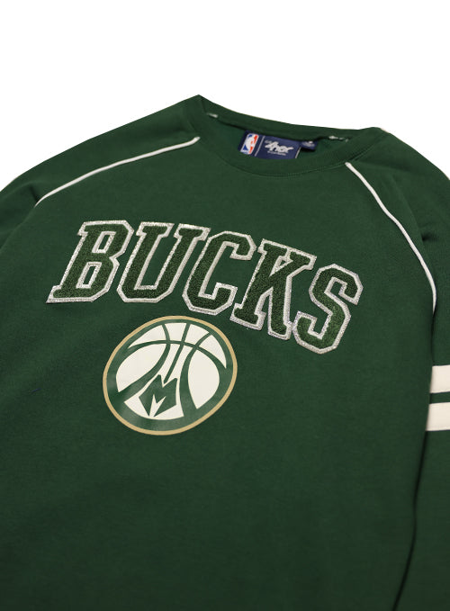 Women's G-III Crew Neck Team Pride Green Milwaukee Bucks Sweatshirt-close up