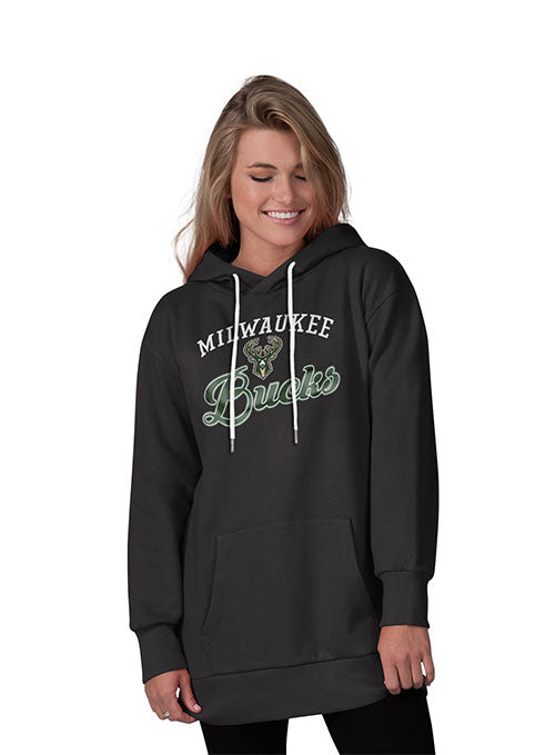 Women's Starter Team Script Milwaukee Bucks Hooded Sweatshirt in Black - Front View