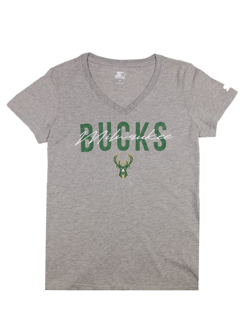 Women's Starter City Script Milwaukee Bucks V-Neck T-Shirt