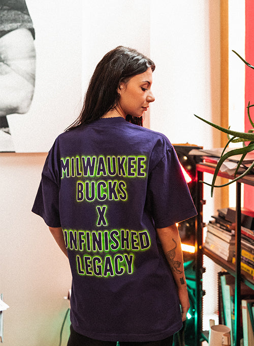 Bucks In Six x Unfinished Legacy Dynamic Fusion Purple Milwaukee Bucks T-Shirt-back