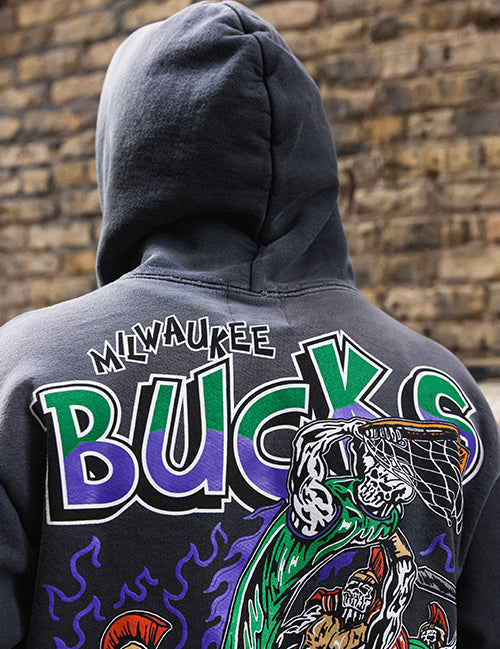 Warren Lotas Milwaukee Bucks in Six Myth of Milwaukee Hooded Sweatshirt- photoshoot close-up