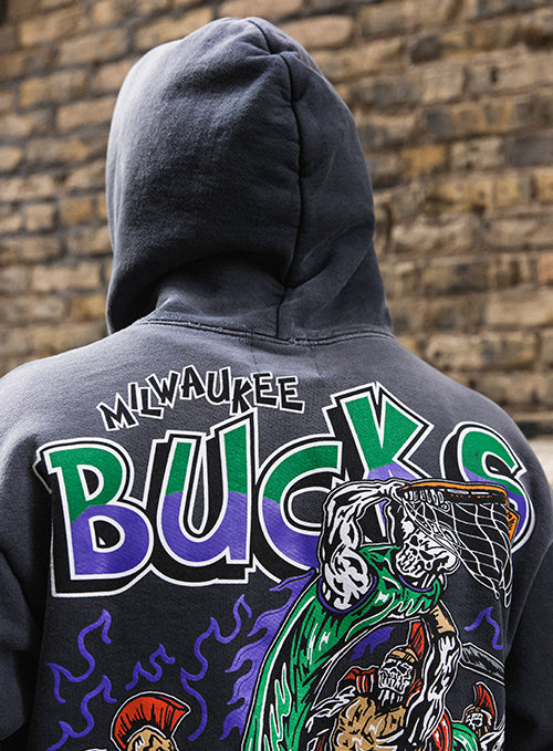 Warren Lotas Milwaukee Bucks in Six Myth of Milwaukee Hooded Sweatshirt- photoshoot close-up