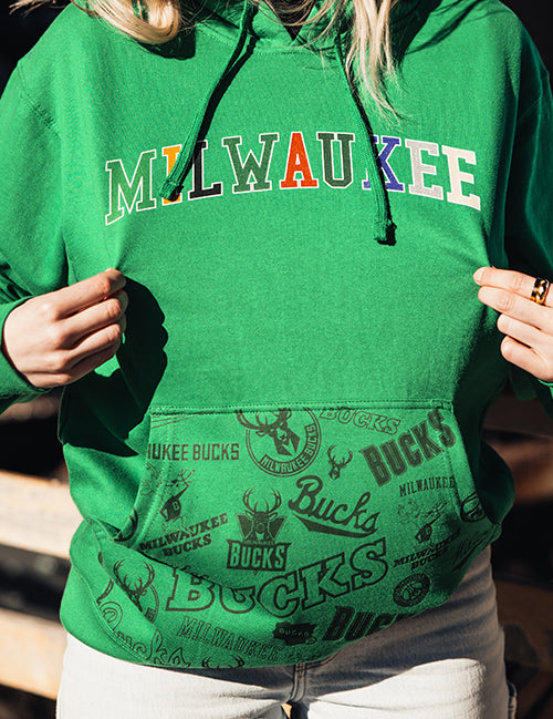 Bucks In Six x Mitchell & Ness Eras Collage Milwaukee Bucks Hooded Sweatshirt- front close up 