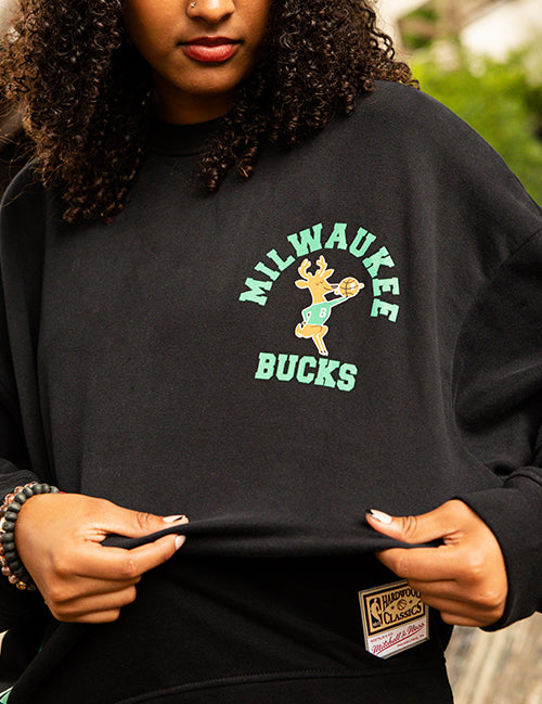 Women's Mitchell & Ness HWC '68 Founded Milwaukee Bucks Crewneck Sweatshirt-model 2