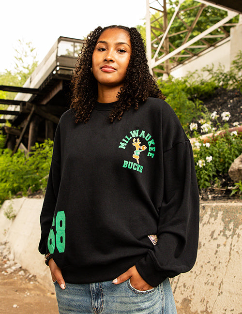 Women's Mitchell & Ness HWC '68 Founded Milwaukee Bucks Crewneck Sweatshirt-model 1