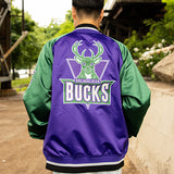 Mitchell & Ness HWC '93 Playmaker Milwaukee Bucks Satin Jacket- back of model