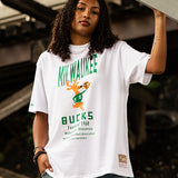Women's Mitchell & Ness HWC '68 Founded Milwaukee Bucks Boyfriend T-Shirt- shirt on model