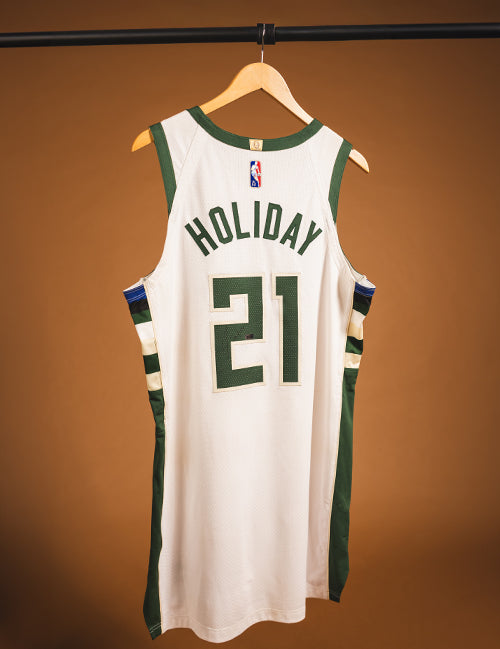 Signed Game Used 2022 Association Edition Jrue Holiday Milwaukee Bucks Authentic jersey-back