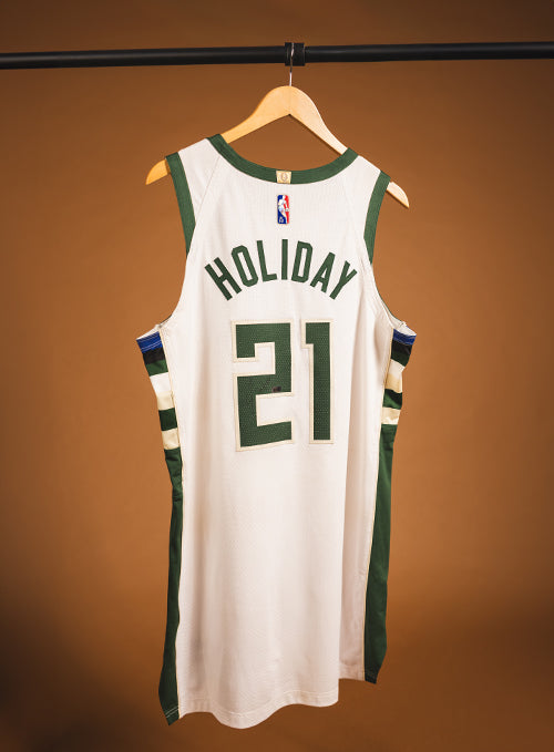 Signed Game Used 2022 Association Edition Jrue Holiday Milwaukee Bucks Authentic jersey-back