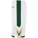 Youth Nike Association Milwaukee Bucks Swingman Shorts in White - Side View