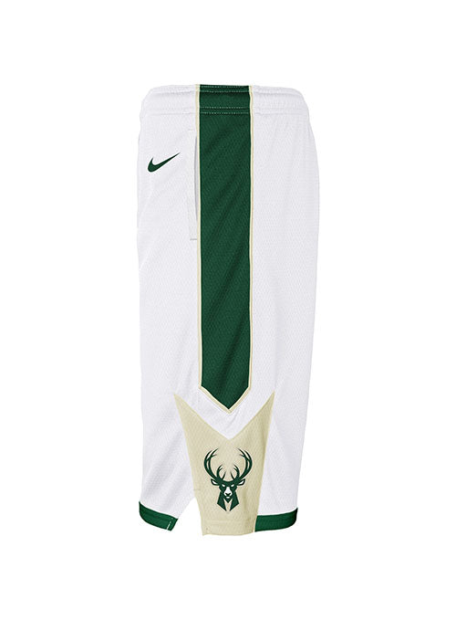 Youth Nike Association Milwaukee Bucks Swingman Shorts in White - Side View