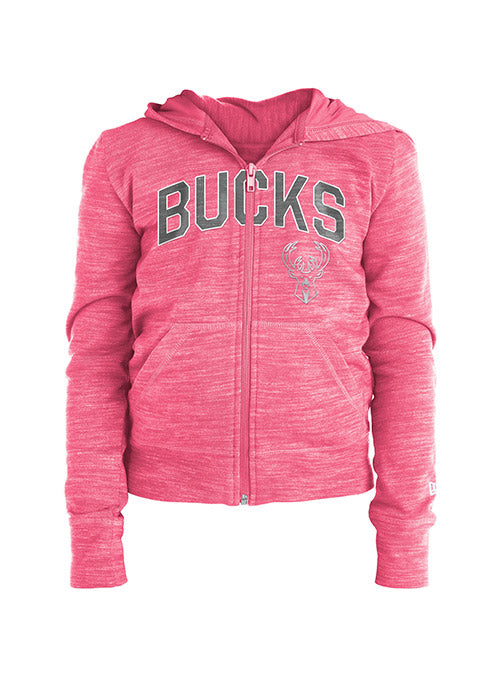 Youth New Era Terry Pink Milwaukee Bucks Full-Zip Hooded Sweatshirt - Front View