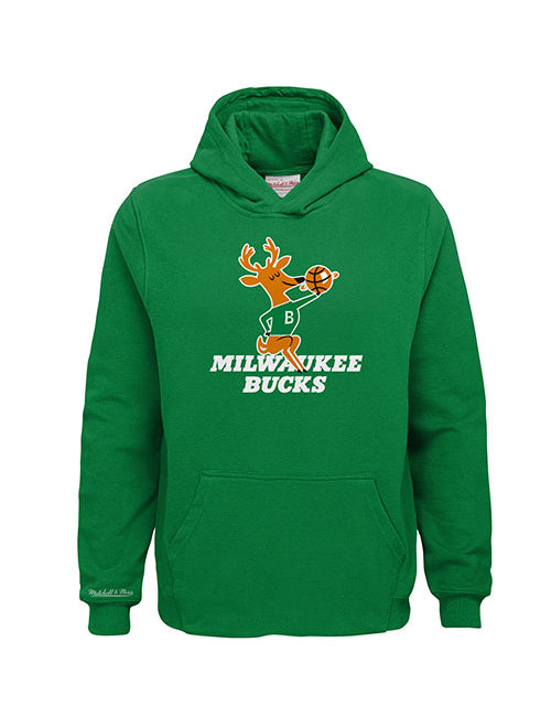 Youth Mitchell & Ness Retro Logo Milwaukee Bucks Hooded Sweatshirt in Green - Front View