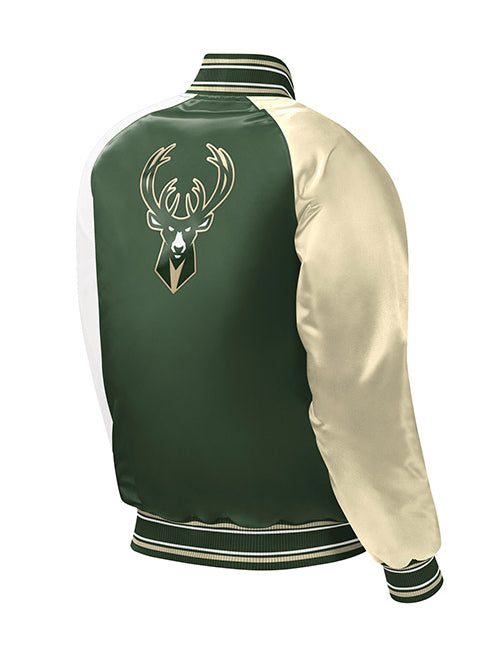 Youth Starter Asymmetrical Sleeve Milwaukee Bucks Varsity Jacket In Green, Cream & White - Angled Back Right View