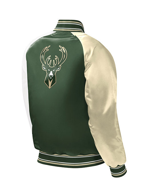 Youth Starter Asymmetrical Sleeve Milwaukee Bucks Varsity Jacket In Green, Cream & White - Angled Back Right View