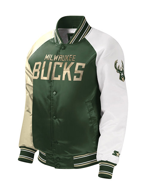 Youth Starter Asymmetrical Sleeve Milwaukee Bucks Varsity Jacket In Green, Cream & White - Angled Front Left View