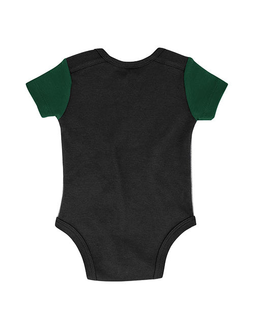Infant Outerstuff Scoring Streak Milwaukee Bucks 3-Piece Onesie Set in Grey, Green, and Black - Back View