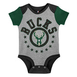 Infant Outerstuff Scoring Streak Milwaukee Bucks 3-Piece Onesie Set in Grey, Green, and Black - Front View