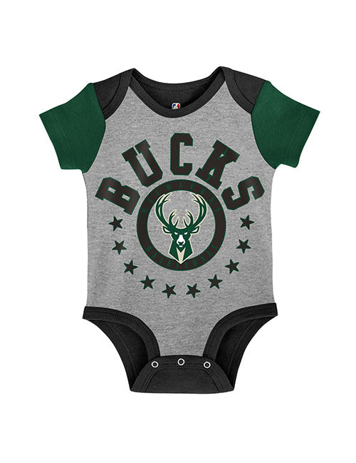 Infant Outerstuff Scoring Streak Milwaukee Bucks 3-Piece Onesie Set in Grey, Green, and Black - Front View