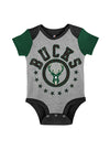 Infant Outerstuff Scoring Streak Milwaukee Bucks 3-Piece Onesie Set in Grey, Green, and Black - Front View