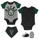 Infant Outerstuff Scoring Streak Milwaukee Bucks 3-Piece Onesie Set in Grey, Green, and Black - Combo View