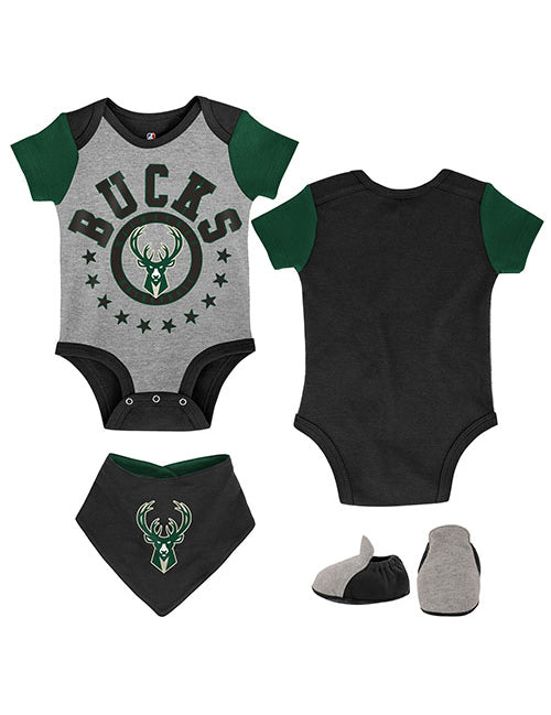 Infant Outerstuff Scoring Streak Milwaukee Bucks 3-Piece Onesie Set in Grey, Green, and Black - Combo View