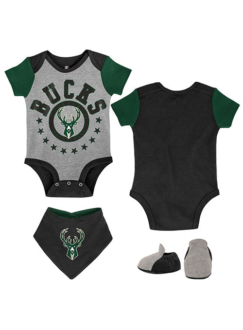 Infant Outerstuff Scoring Streak Milwaukee Bucks 3-Piece Onesie Set in Grey, Green, and Black - Combo View