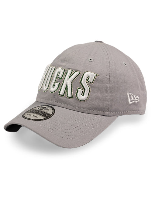 New Era 9Twenty HWC '93 Wordmark Gray Milwaukee Bucks Adjustable Hat-angled ;eft 