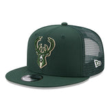Youth New Era 9Fifty Classic Trucker Green Milwaukee Bucks Snapback Hat in Green - Angled Left Side View