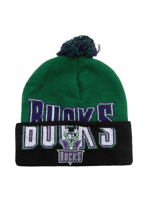 Mitchell & Ness HWC Double Take Cuff Pom Milwaukee Bucks Knit Hat in Green and Black - Front View